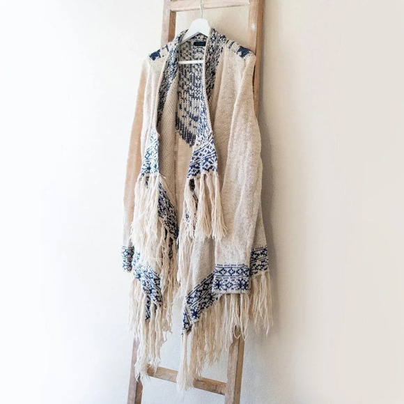 Blu Pepper Sweaters - BLU PEPPER AZTEC OPEN FRONT KNIT WATERFALL FRINGE CARDIGAN SZ M CREAM BLUE